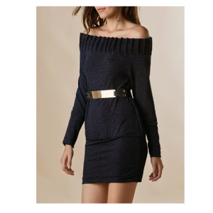 Off-The-Shoulder Spun Gold Solid Color Long Sleeve Slimming Dress For Women - Blue 